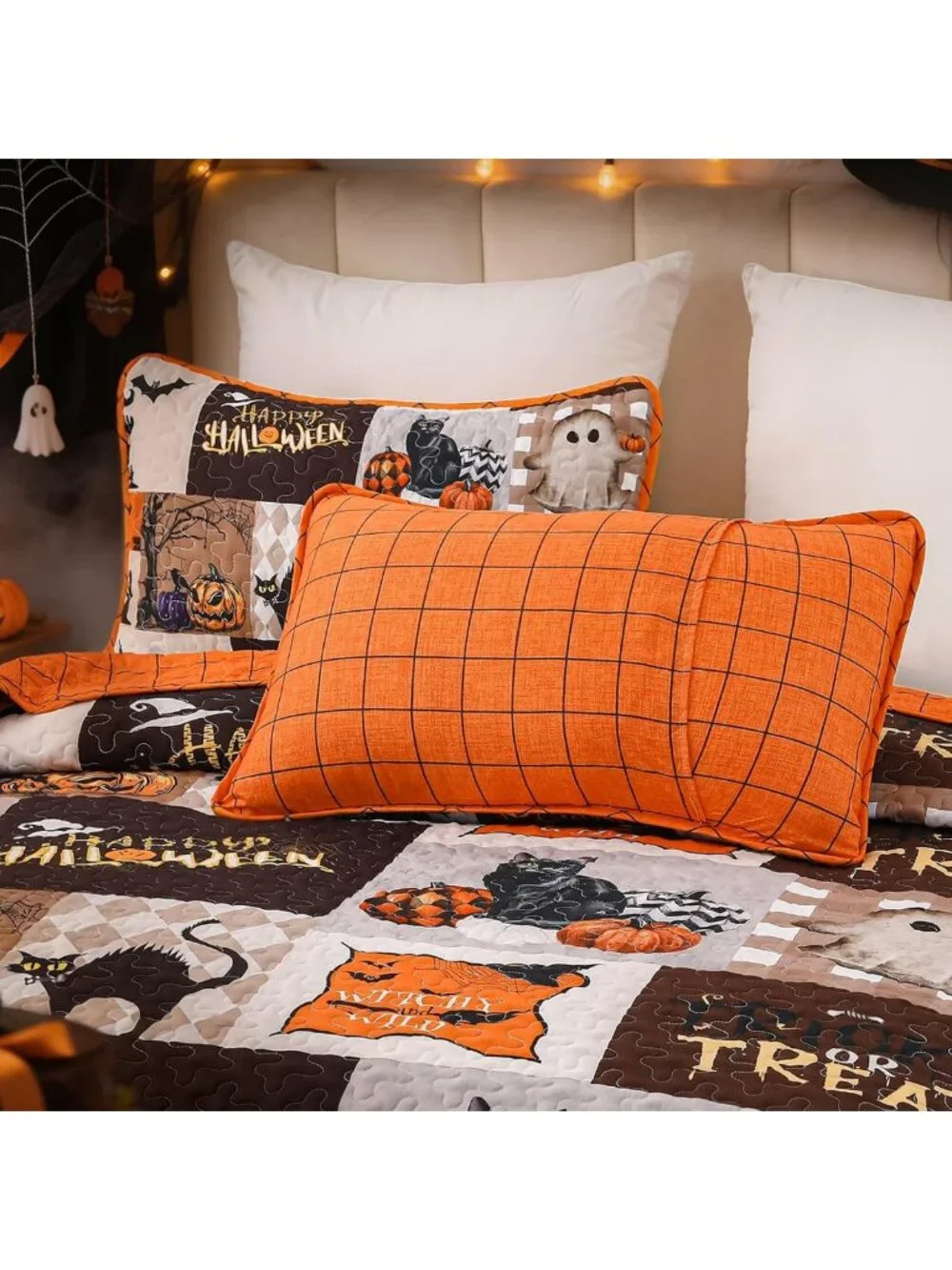 King Size Halloween Quilt Set - Fall Patchwork Bedspread, 3-Piece Cozy Bedding